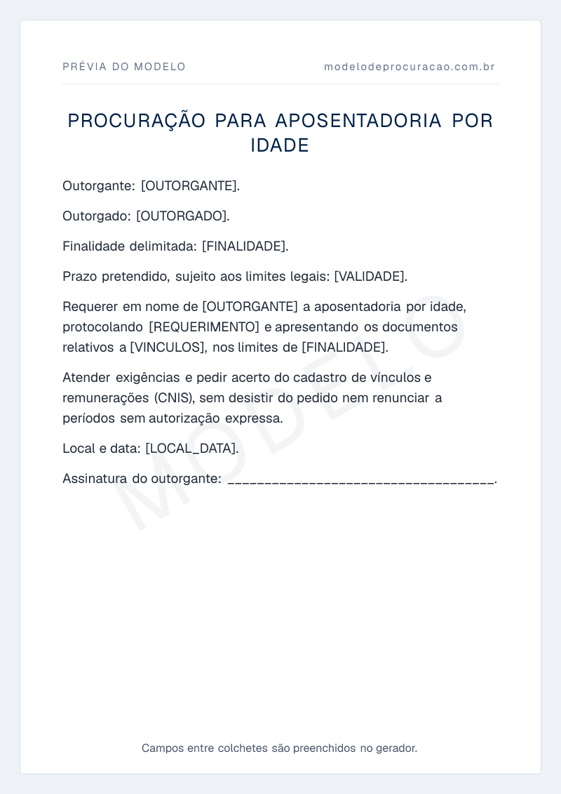 Prévia do modelo: Procuração para Aposentadoria por Idade, com os campos a preencher entre colchetes