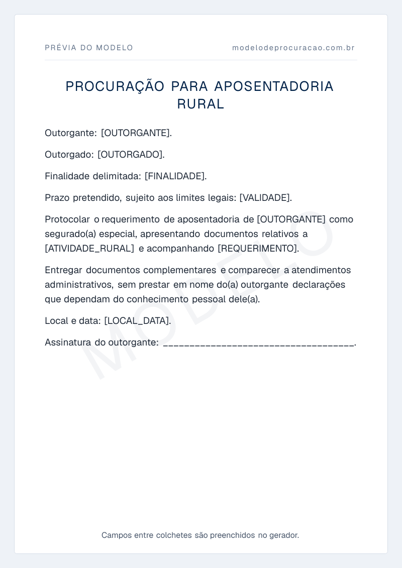 Prévia do modelo: Procuração para Aposentadoria Rural, com os campos a preencher entre colchetes