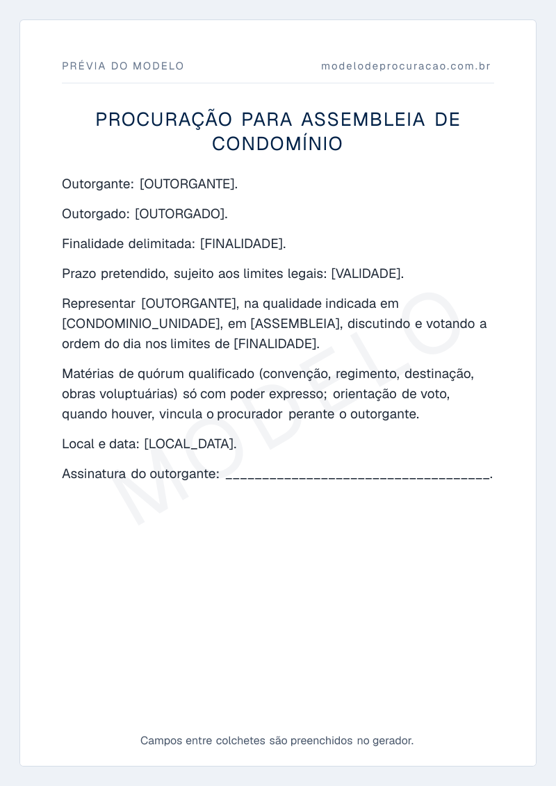 Prévia do modelo: Procuração para assembleia de condomínio, com os campos a preencher entre colchetes