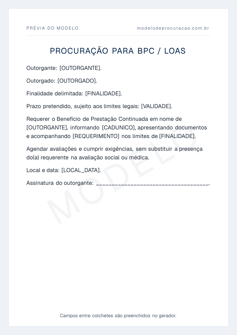 Prévia do modelo: Procuração para BPC / LOAS, com os campos a preencher entre colchetes