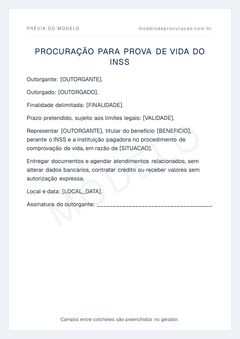Prévia do modelo: Procuração para Prova de Vida do INSS, com os campos a preencher entre colchetes