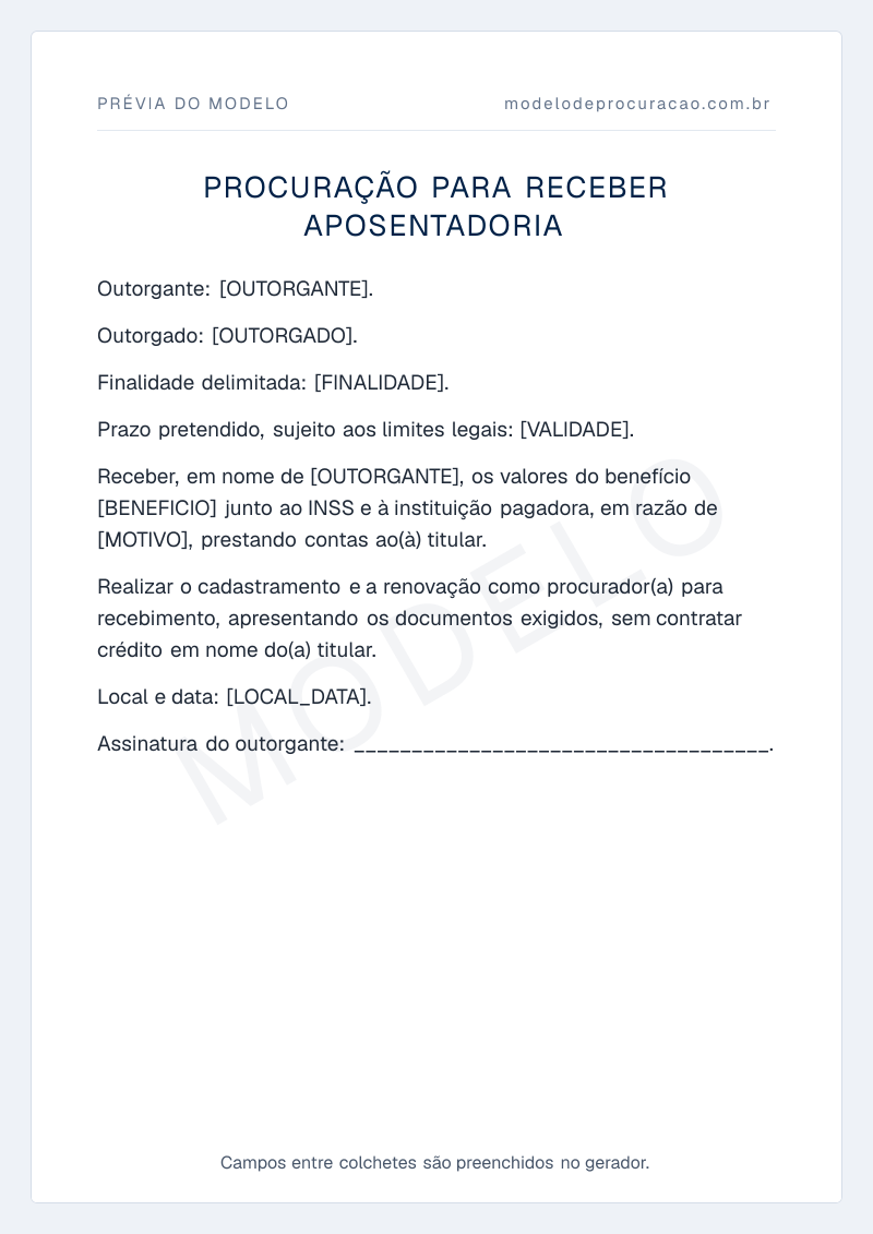 Prévia do modelo: Procuração para Receber Aposentadoria, com os campos a preencher entre colchetes