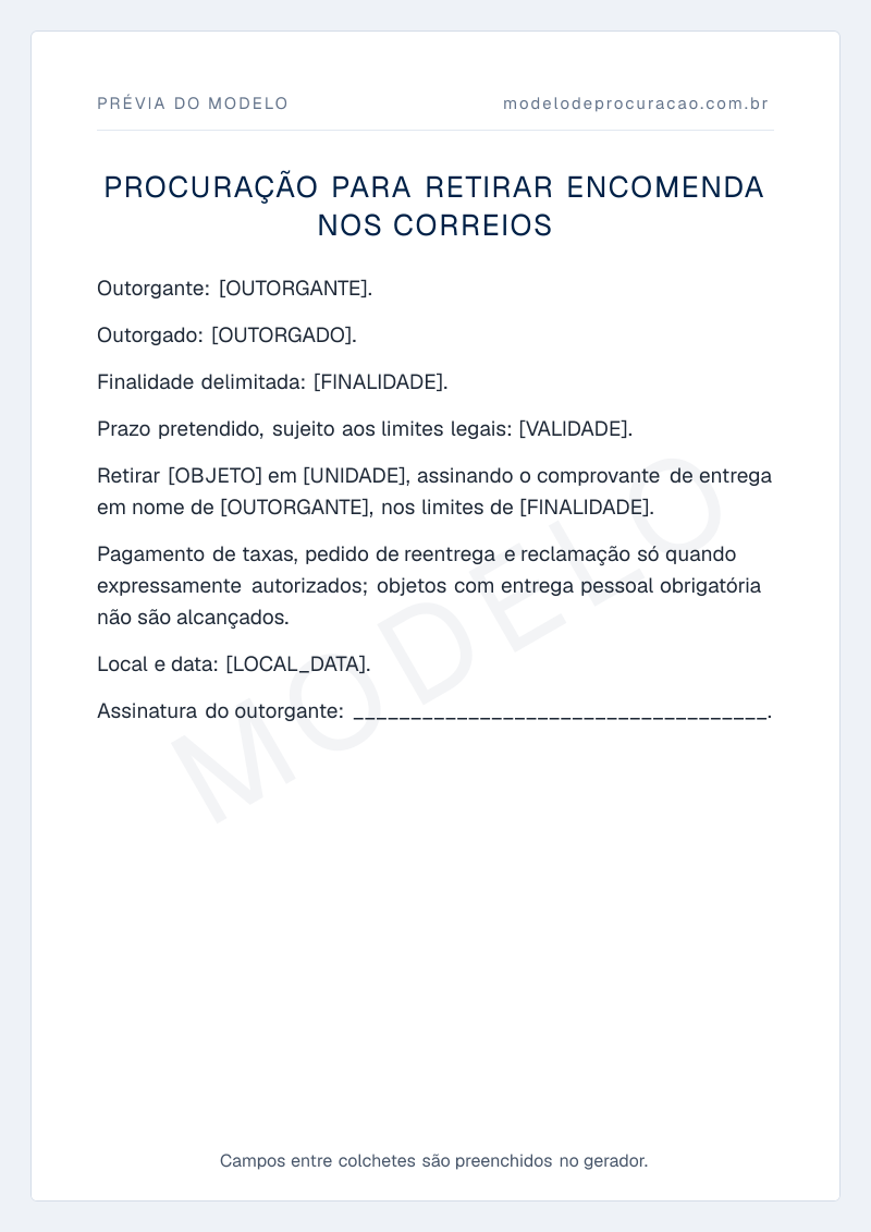 Prévia do modelo: Procuração para retirar encomenda nos Correios, com os campos a preencher entre colchetes