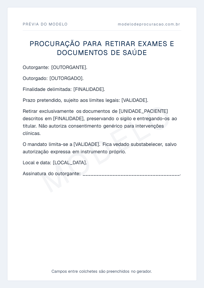 Prévia do modelo: Procuração para retirar exames e documentos de saúde, com os campos a preencher entre colchetes