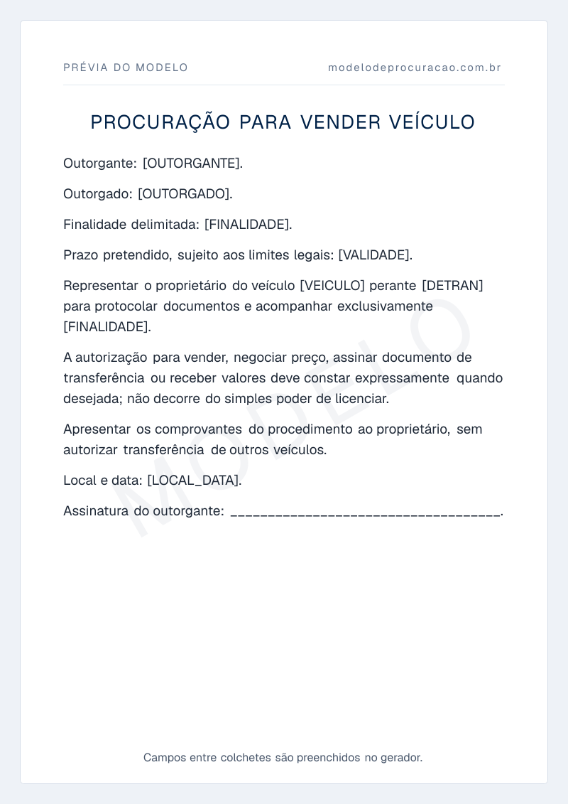 Prévia do modelo: Procuração para Vender Veículo, com os campos a preencher entre colchetes